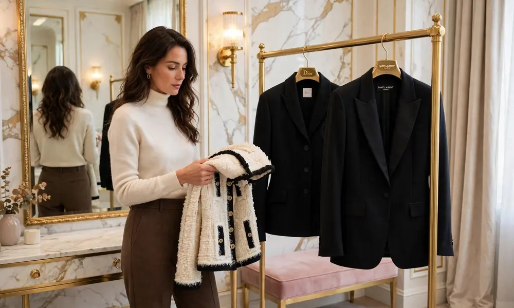 Woman in luxury boutique choosing between Chanel tweed jacket and Dior Saint Laurent blazers personal style decision
