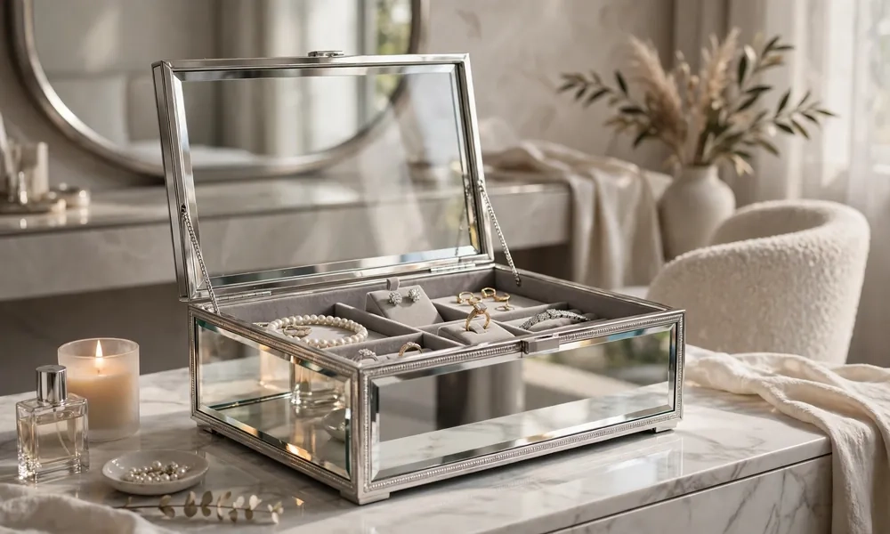 Mirrored glass luxury jewelry box on modern vanity with reflective surfaces