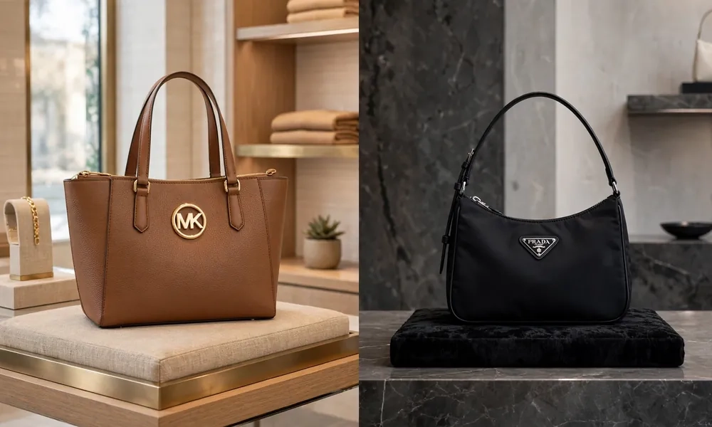 Michael Kors vs Prada luxury handbags boutique contrast