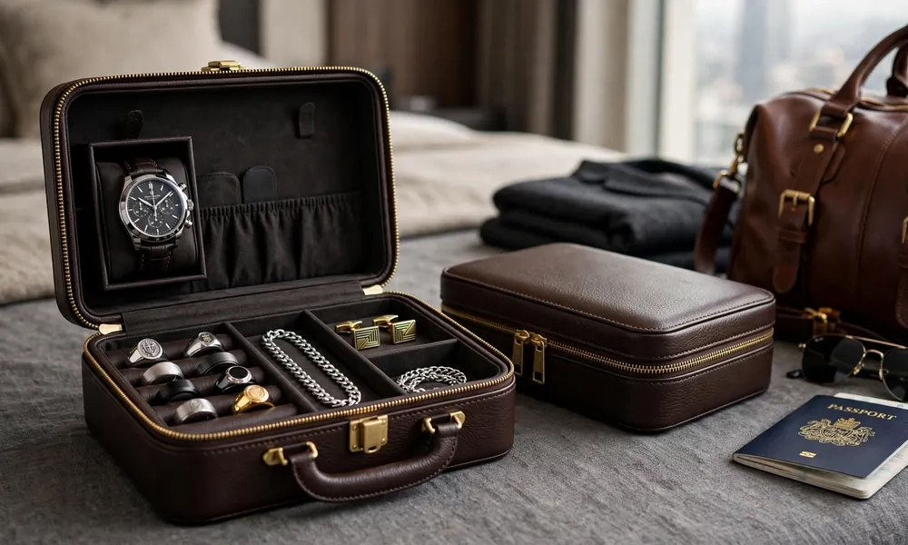 Travel jewelry case for men with secure closure and padded interior