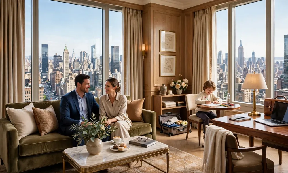 Spacious luxury suite with family and business traveler enjoying residential atmosphere-Luxury Collection Hotel Manhattan Midtown