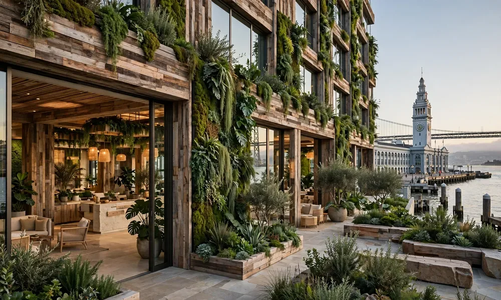 Hotel San Francisco luxury exterior with natural textures and greenery