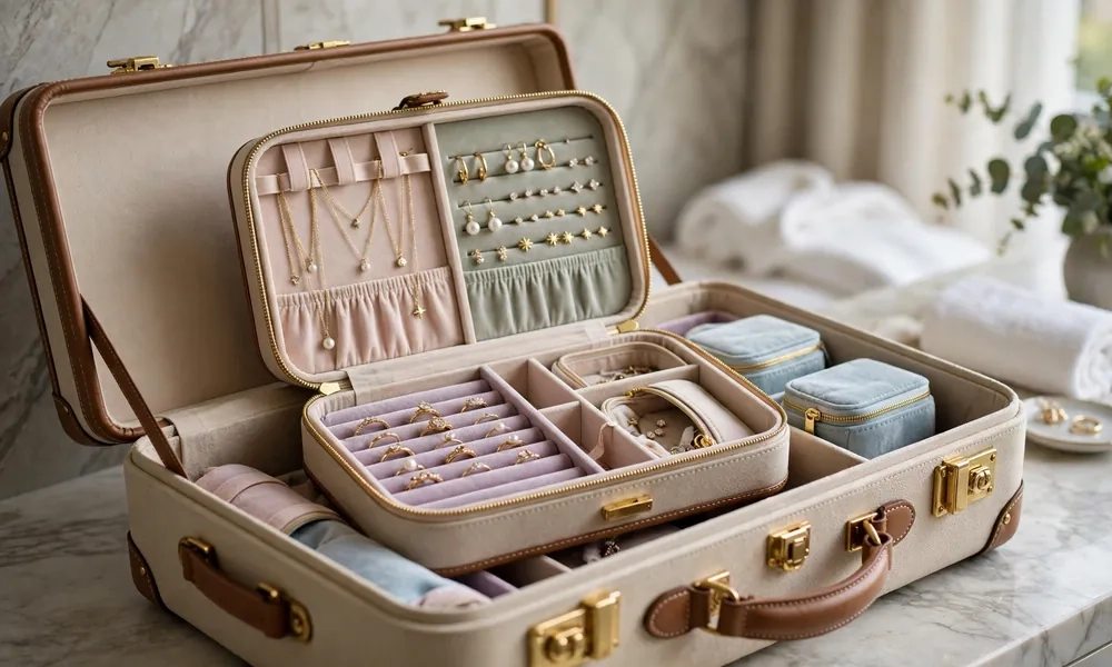 Travel jewelry box compact case with organized compartments inside luggage
