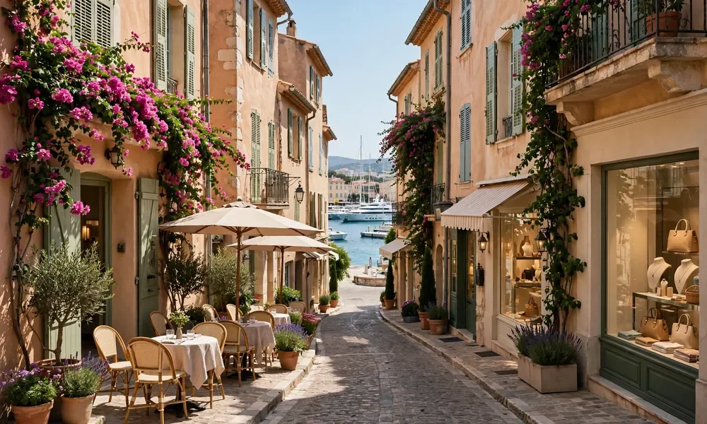 Charming Saint-Tropez village center with traditional buildings and cafes
