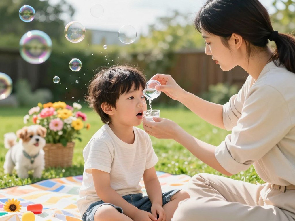 A caregiver rinses a child’s eye after bubble solution splashes A caregiver rinses a child’s eye after bubble solution splashes