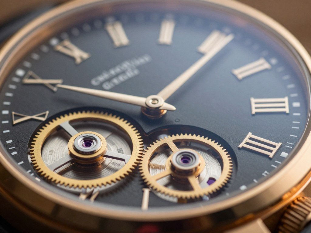 A close-up view of a luxurious watch dial showcasing a finished mechanical movement. The foreground features intricate gears, levers, and a gold-plated escapement, all perfectly aligned and polished to reflect light. The middle ground highlights the elegant watch dial, adorned with fine markings and Roman numerals, illuminated by soft, diffused lighting to create a refined atmosphere. The background is softly blurred, evoking a sense of luxury and sophistication, possibly including a subtly textured wooden surface or a velvet cloth. The color palette consists of rich golds and deep blacks, enhancing the opulence of the watch. The image should convey feelings of timeless style and elegance, presented from a slightly elevated angle to capture the watch’s depth and craftsmanship.
