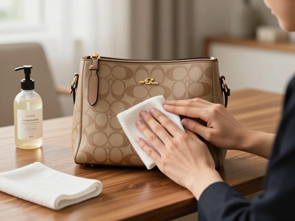 A daily Coach bag being cleaned gently and stored upright