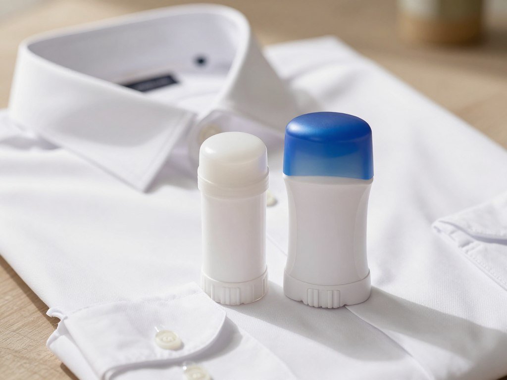 A deodorant stick and antiperspirant beside a clean shirt A deodorant stick and antiperspirant beside a clean shirt