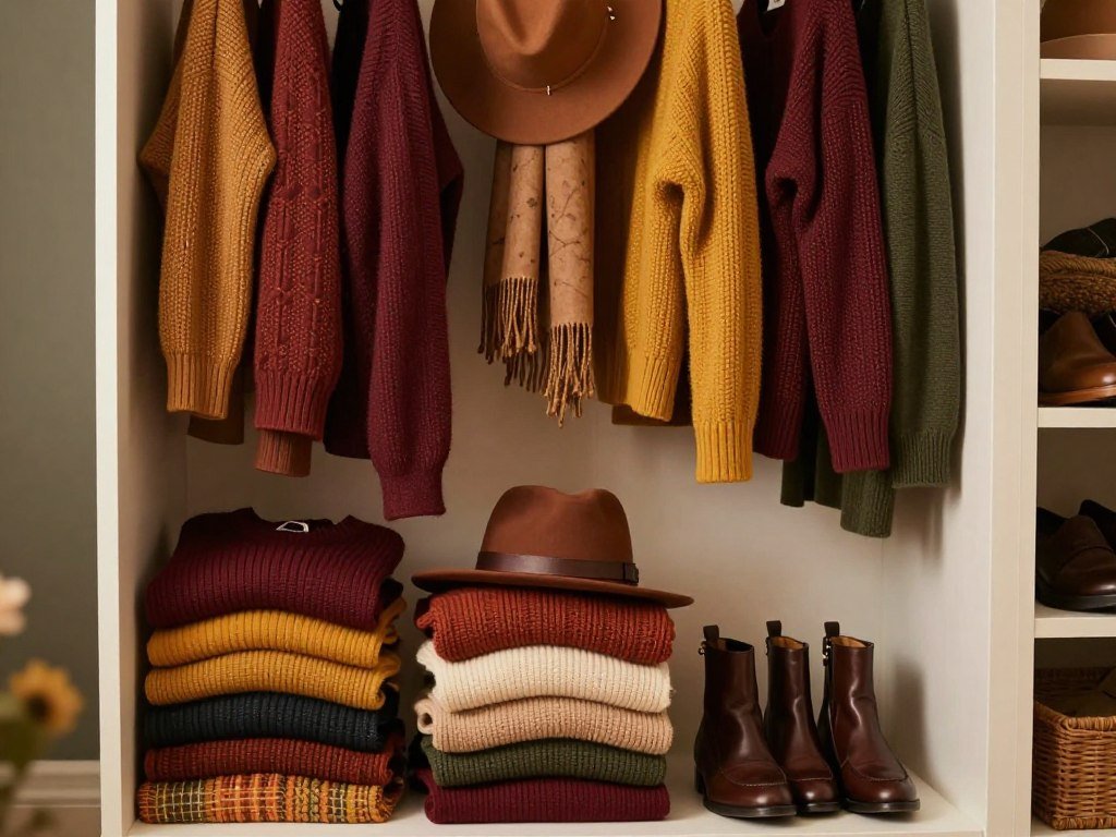 A fall closet with coordinated tops, shoes, and layers