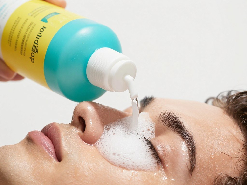 A foaming face cleanser beside a shiny forehead A foaming face cleanser beside a shiny forehead