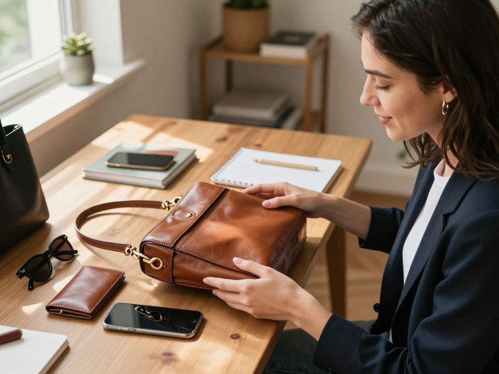 A friend choosing a useful leather bag beside everyday essentials