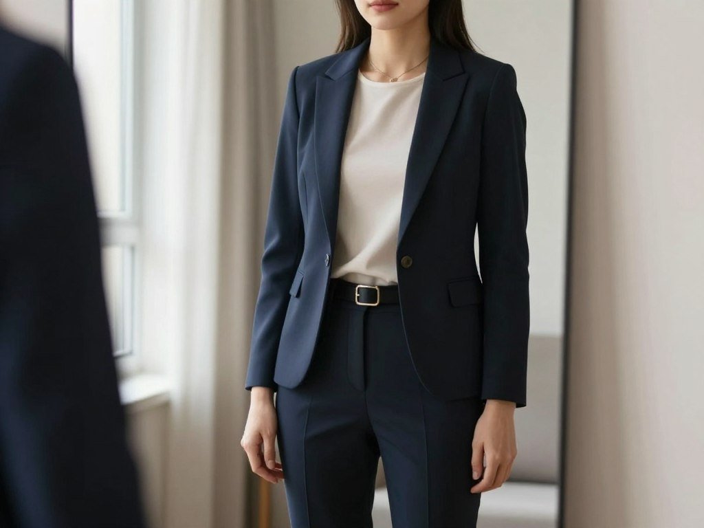 A full-length mirror showing a polished outfit with simple accessories A full-length mirror showing a polished outfit with simple accessories
