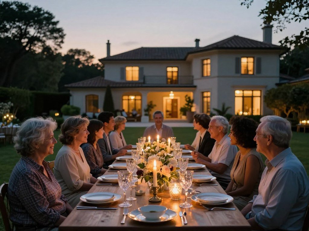A large family gathers around a villa dining table