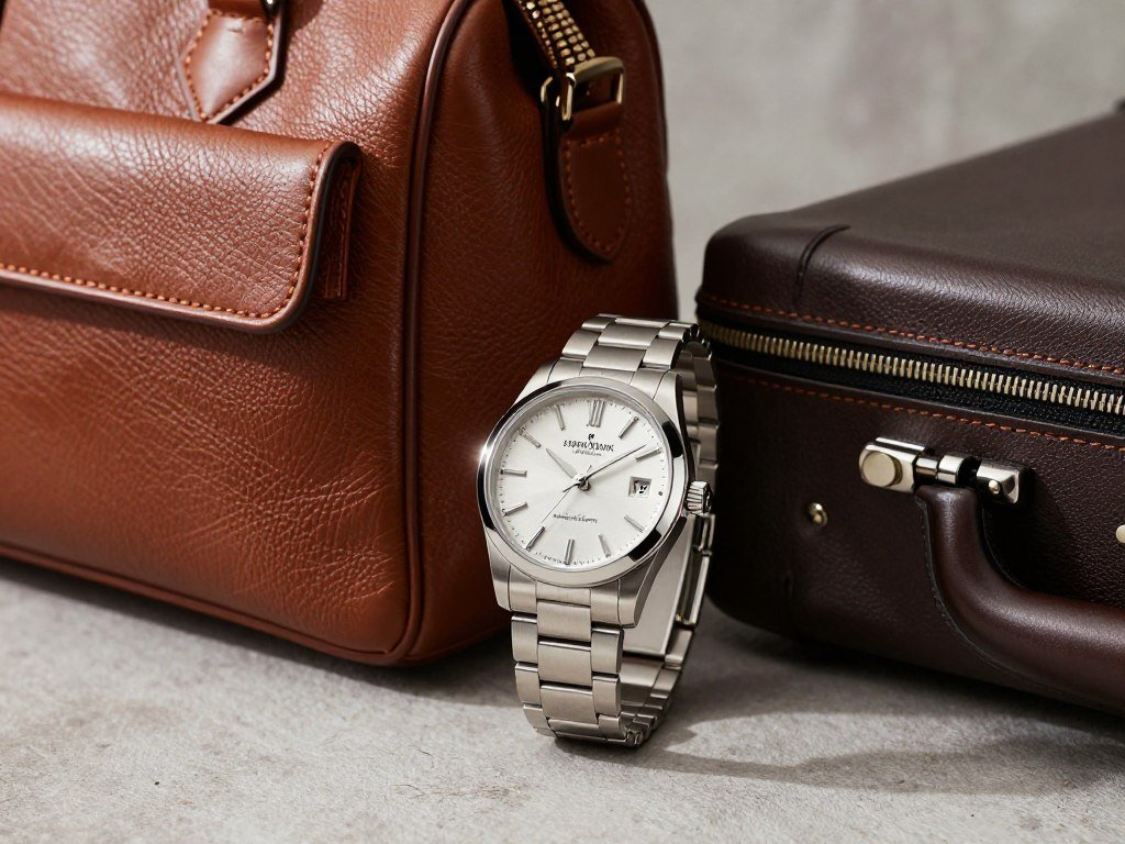 A luxurious stainless steel watch prominently displayed in the foreground, featuring a sleek, polished finish and a sophisticated design that exudes elegance. Beside it, an elegant work bag made of high-quality leather, showcasing rich textures and a timeless aesthetic. A stylish travel case, also leather, complements the setup, emphasizing travel sophistication. The scene is illuminated by soft, natural light that casts gentle reflections on the watch, highlighting its details. Use a shallow depth of field to keep the focus on the watch while gently blurring the bag and case in the mid-ground. The background features a subtle, textured surface, enhancing the upscale atmosphere of the composition. Aim for a chic and refined mood that conveys luxury and style.