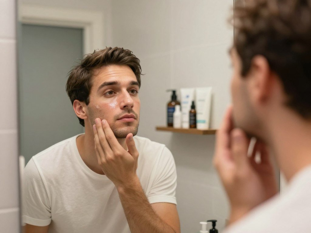 A mirror check for skin shine and dry areas A mirror check for skin shine and dry areas