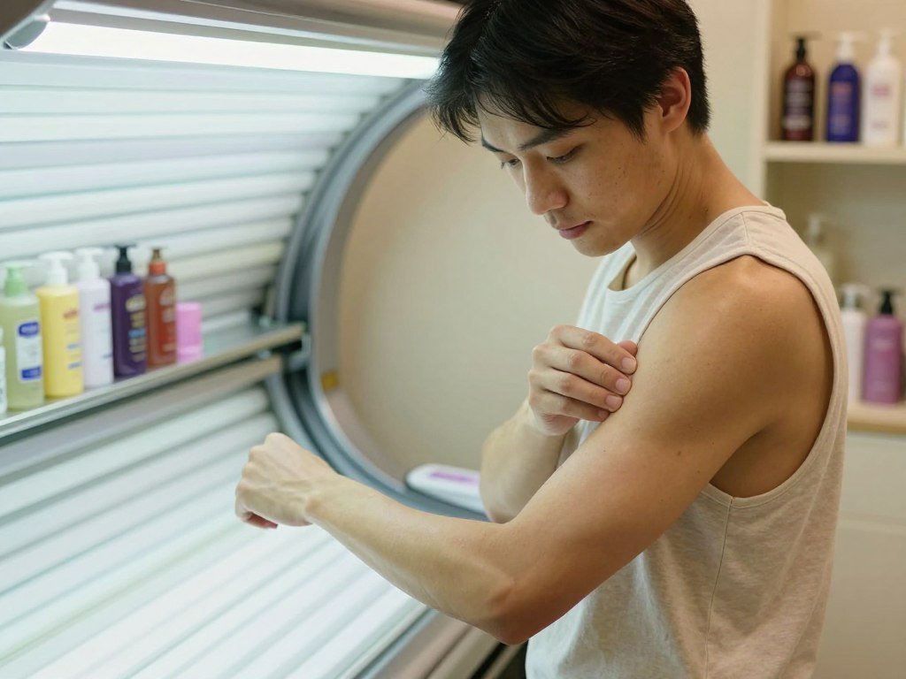 A person checking skin before a tanning session A person checking skin before a tanning session