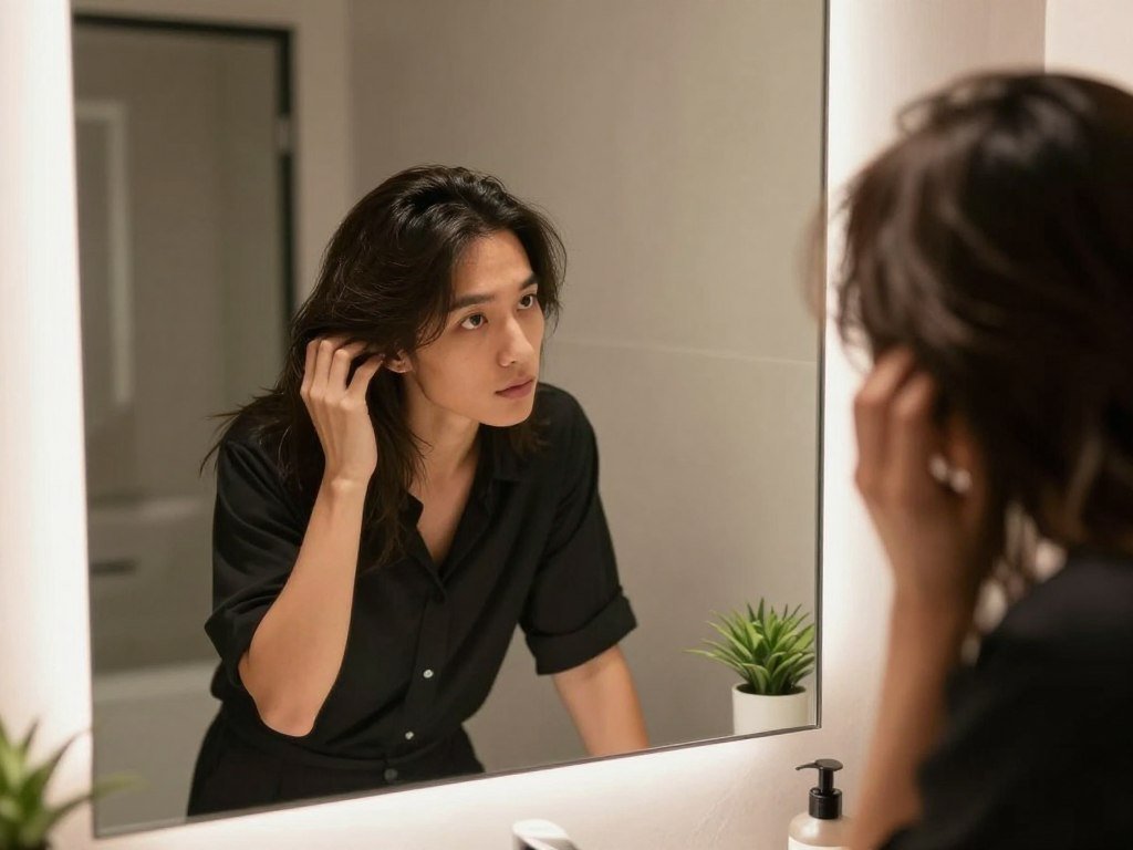 A person checks scalp hair density beside a bathroom mirror A person checks scalp hair density beside a bathroom mirror