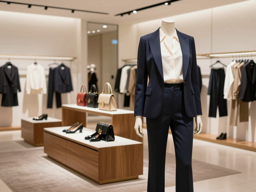 A polished Zara-style outfit beside luxury fashion displays