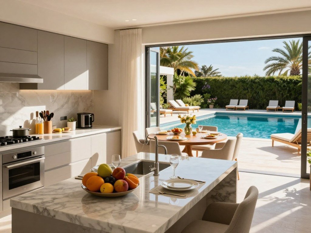 A private villa kitchen opens onto a sunny outdoor pool