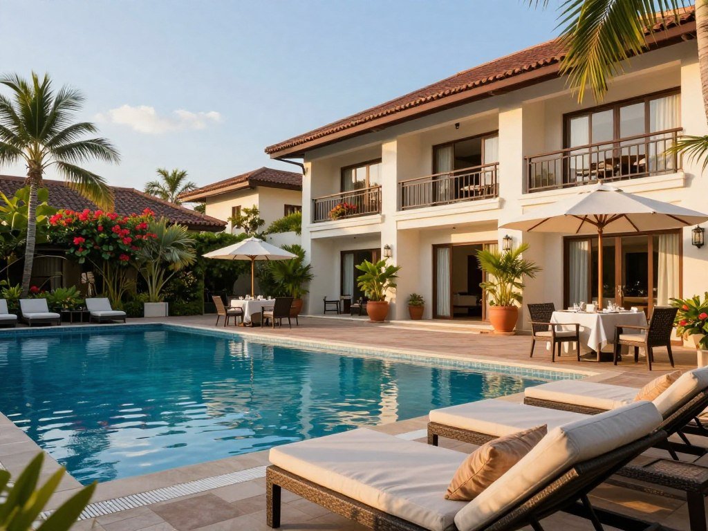 A resort pool beside guest rooms and outdoor dining A resort pool beside guest rooms and outdoor dining