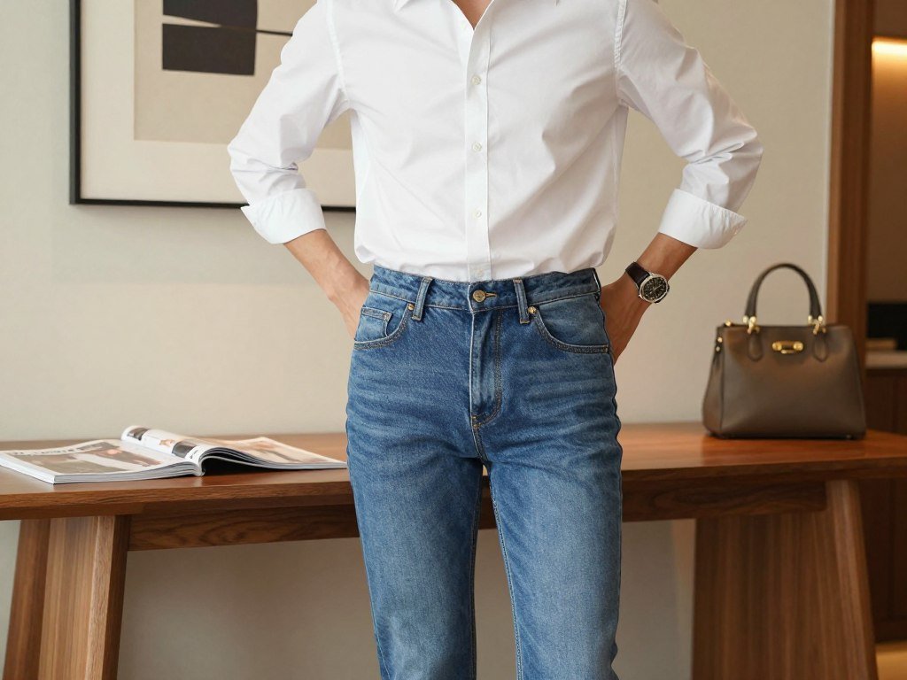 A shirt tucked into jeans to change familiar outfit proportions A shirt tucked into jeans to change familiar outfit proportions