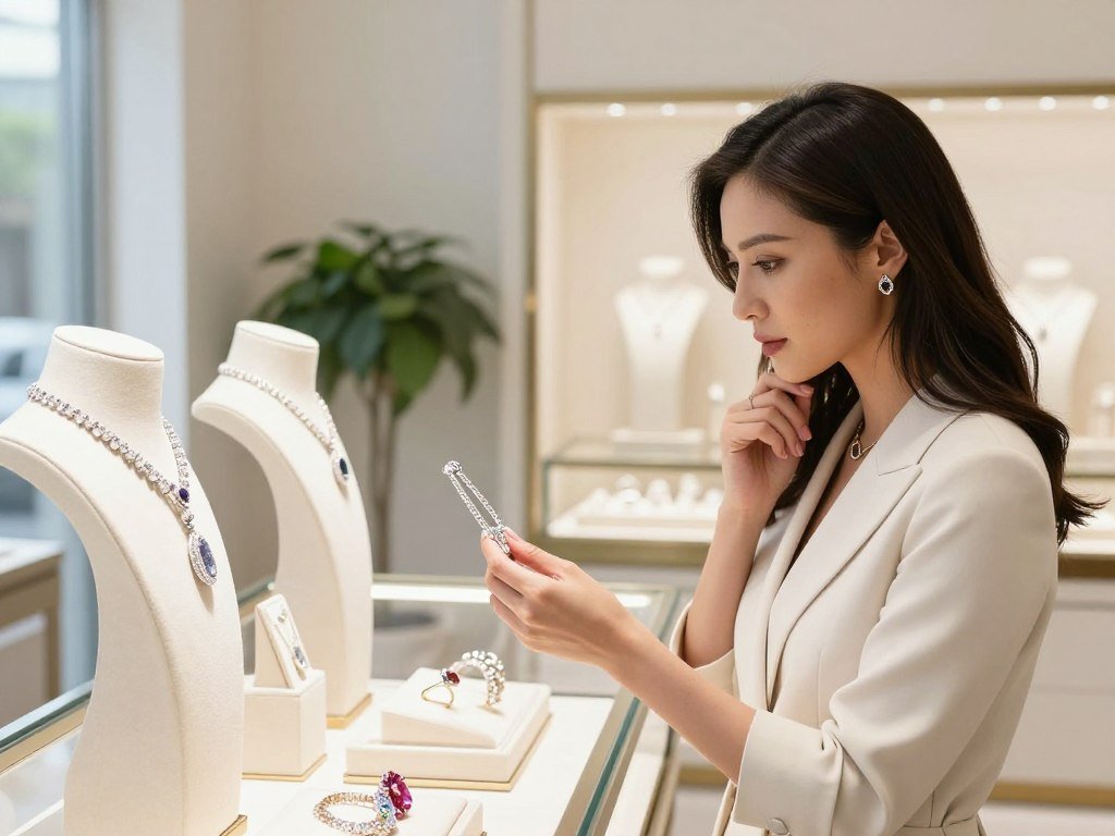 A shopper compares fine jewelry designs in a bright showroom