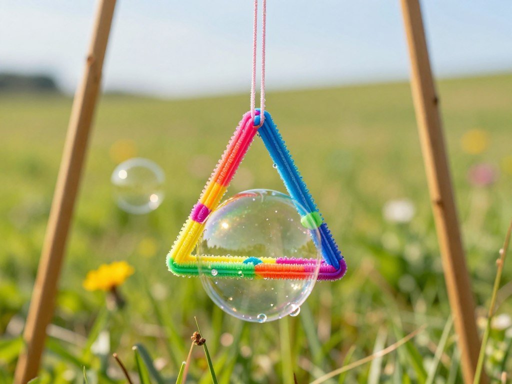 A string triangle bubble wand hangs between two sticks A string triangle bubble wand hangs between two sticks