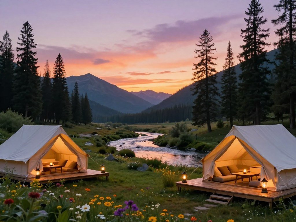 A tent camp beside a national park setting A tent camp beside a national park setting