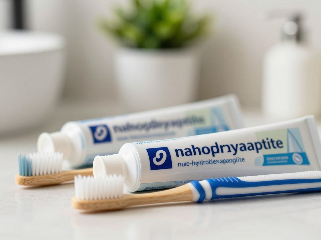 A toothpaste label lists nano-hydroxyapatite concentration and ingredients