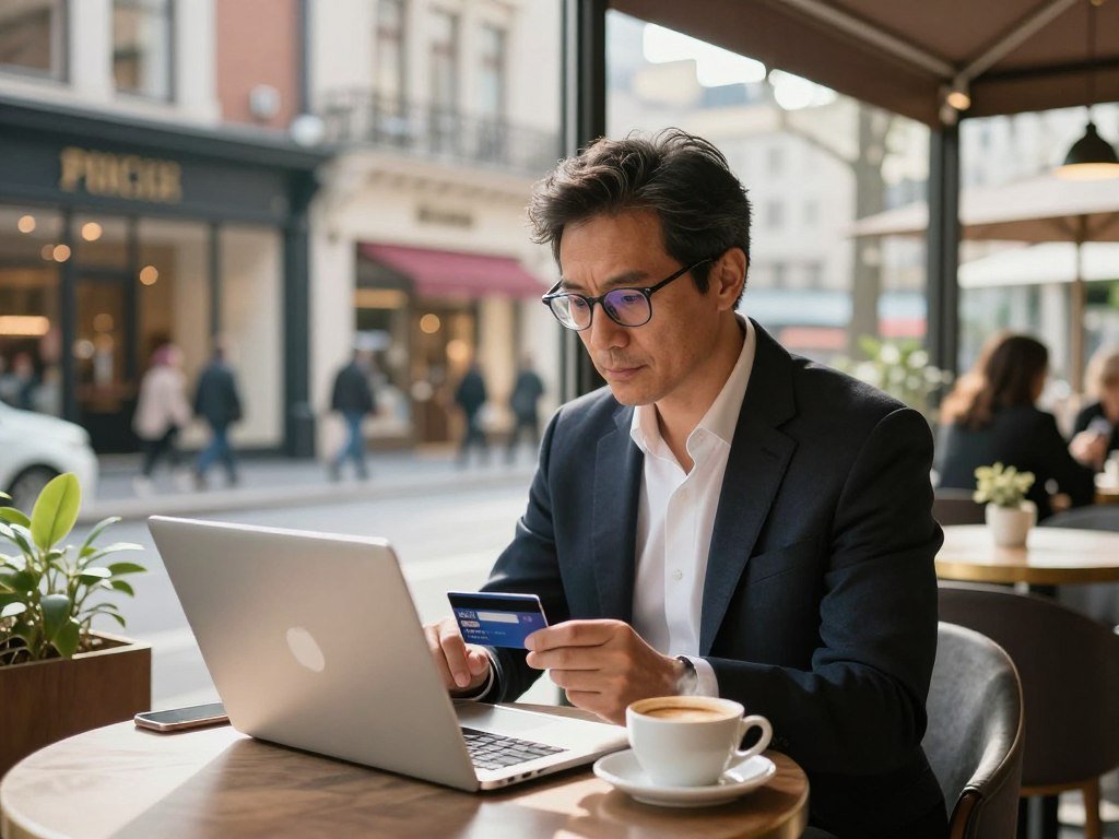 A traveler checking hotel rates and card fees before booking A traveler checking hotel rates and card fees before booking