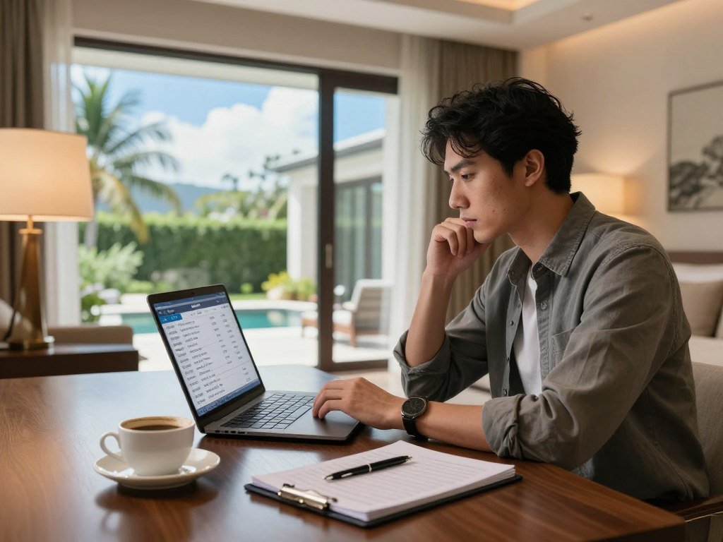 A traveler reviews hotel ratings and villa listing details