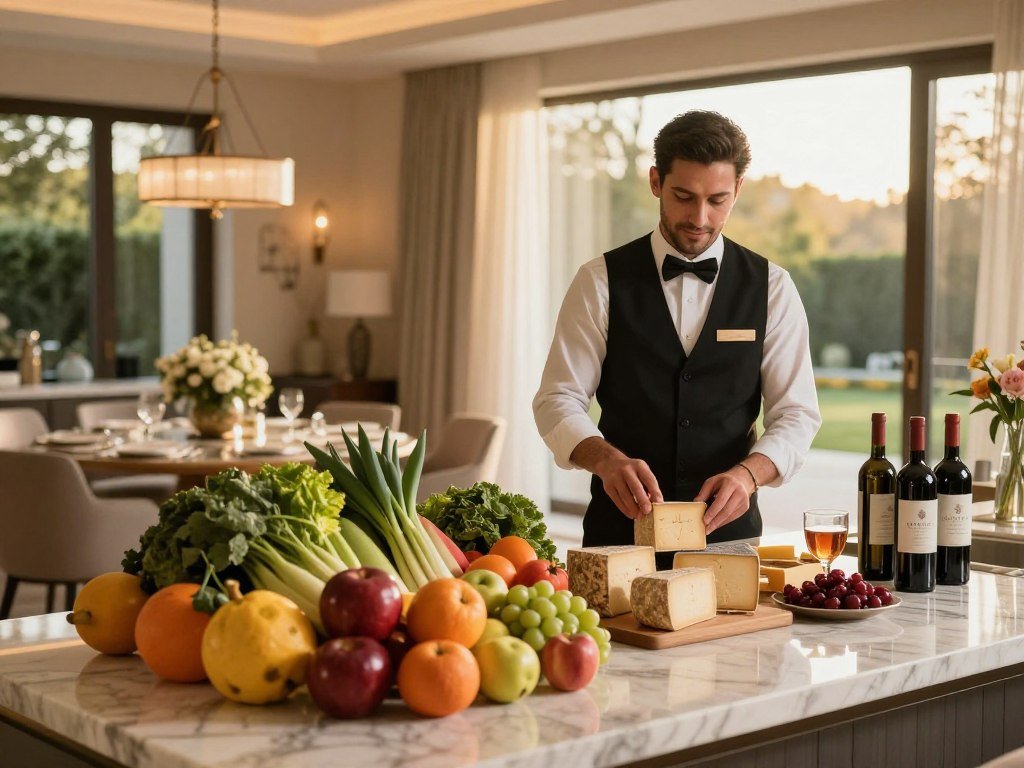 A villa concierge prepares groceries before guests arrive