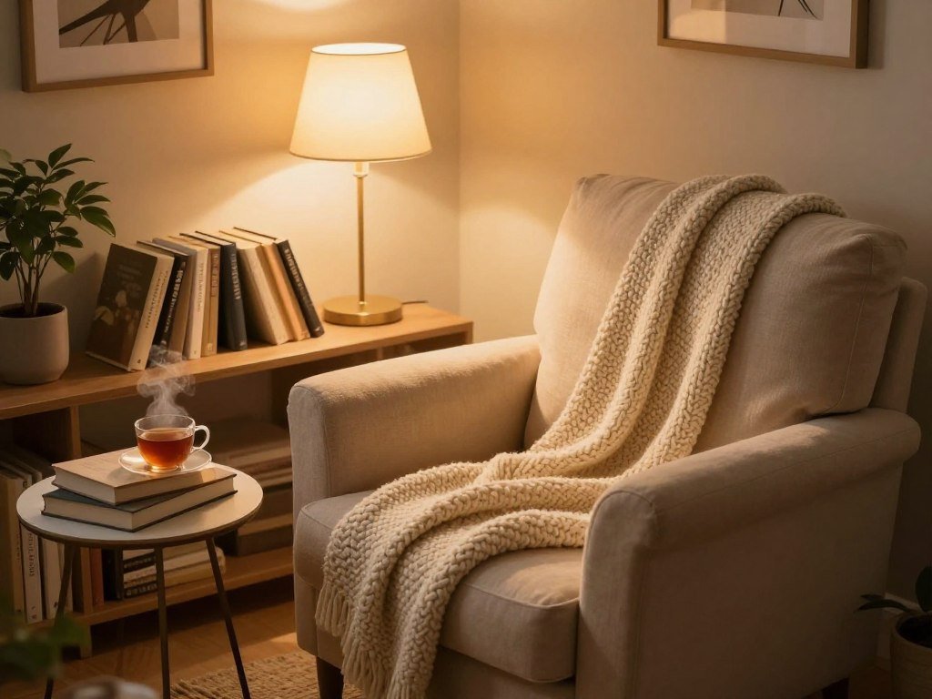 A warm lamp and reading nook add comfort to a home