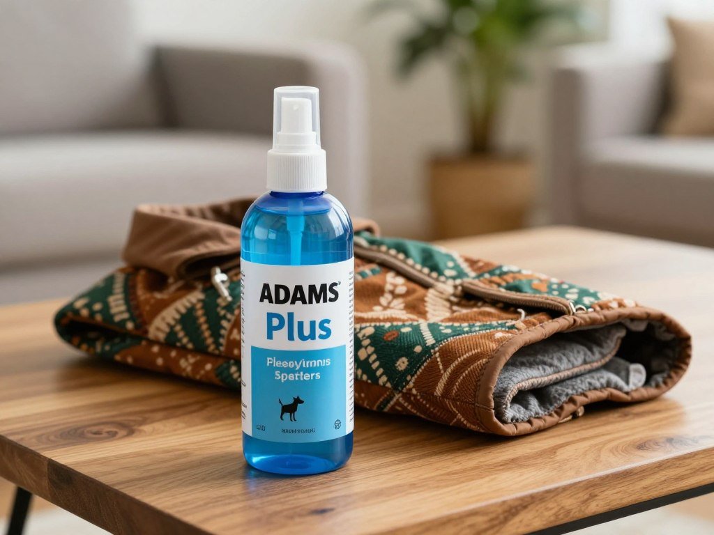 ADAMS Plus flea shampoo label beside a dog coat