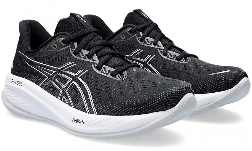 Pair of black ASICS running shoes with silver side stripes and thick white soles, shown against a clean white background; sleek, lightweight athletic style.