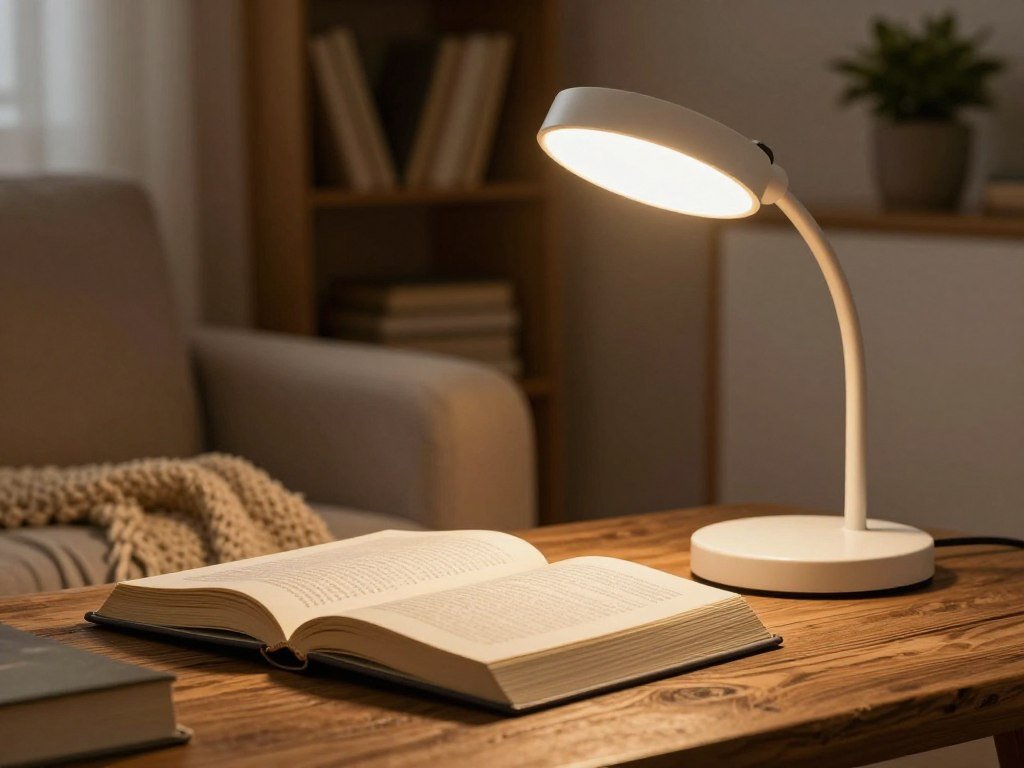 Adjustable reading light aimed across an open book