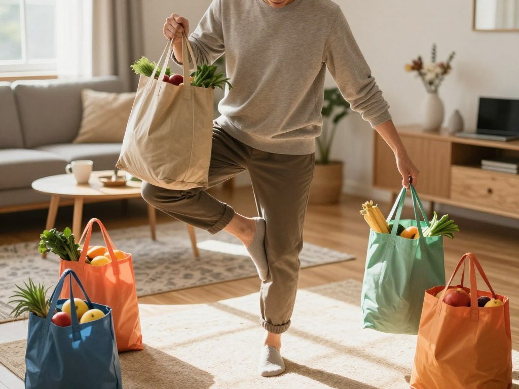 Adult carrying groceries while practicing steady balance indoors Adult carrying groceries while practicing steady balance indoors