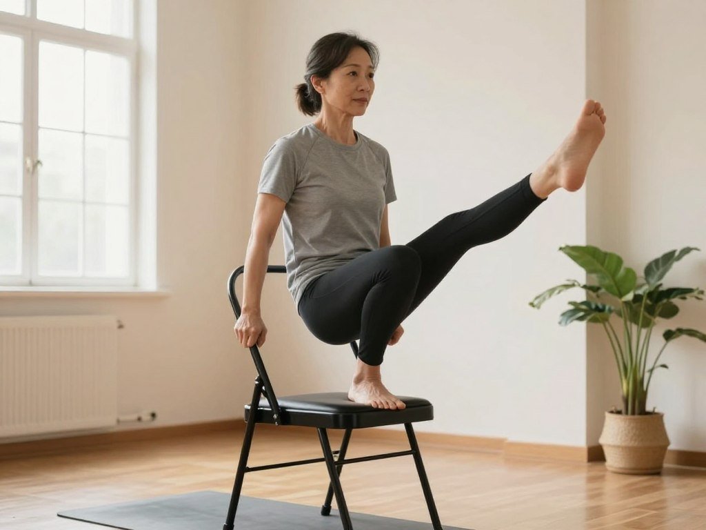 Adult using a chair to practice leg strength and stability Adult using a chair to practice leg strength and stability