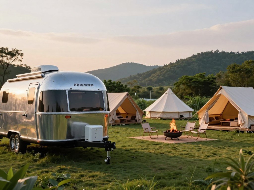 Airstream accommodations beside canvas adventure tents Airstream accommodations beside canvas adventure tents
