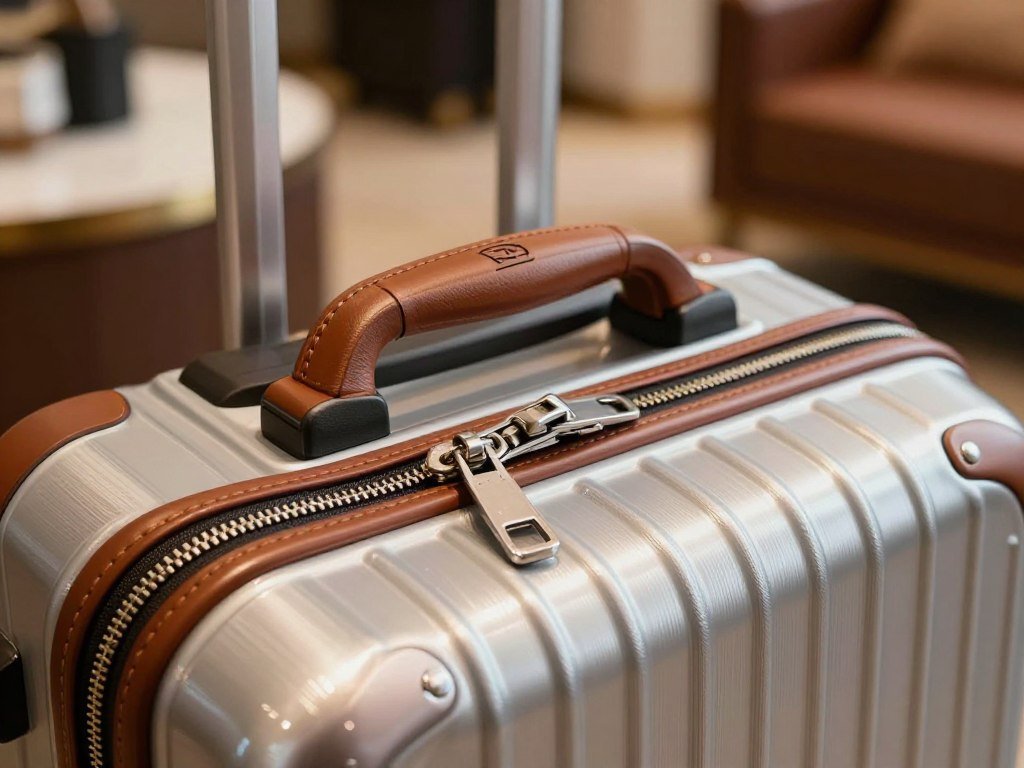 Aluminum, polycarbonate, and leather details on premium luggage Aluminum, polycarbonate, and leather details on premium luggage