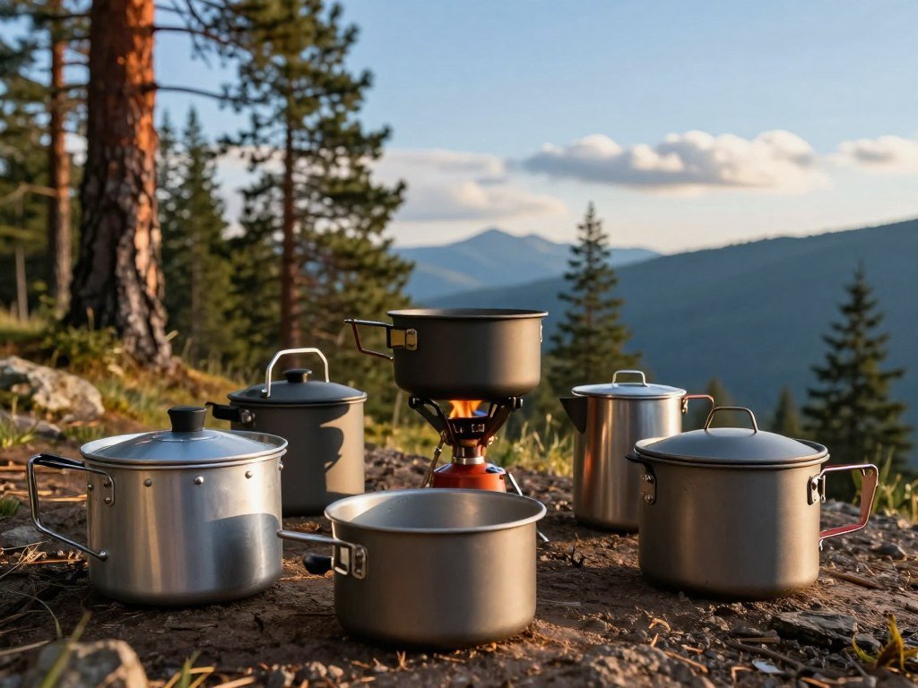 Aluminum steel and titanium cookware beside a camp stove