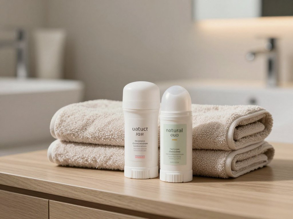 Antiperspirant and natural deodorant beside a towel
