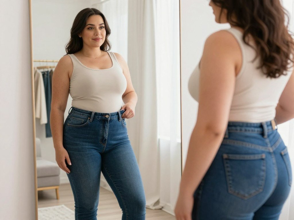 Apple body shape checking jeans fit at the waist Apple body shape checking jeans fit at the waist