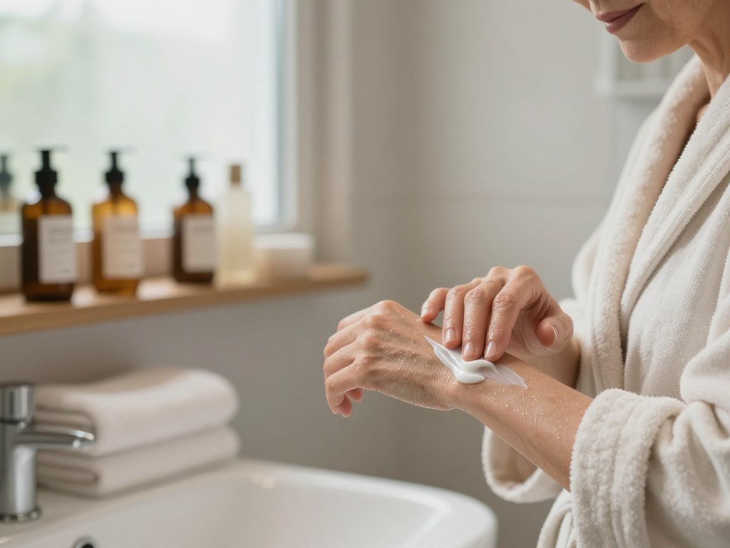 Applying body moisturizer to slightly damp skin after bathing Applying body moisturizer to slightly damp skin after bathing