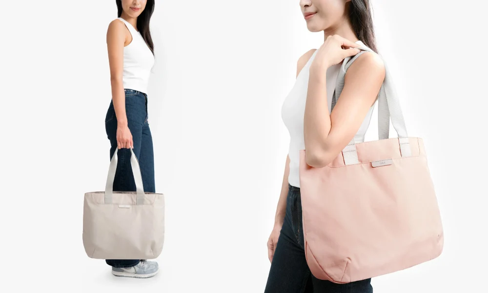 Two views of a woman in a white top and dark jeans modeling beige and blush-pink tote bags, with minimalist styling against a bright white backdrop.