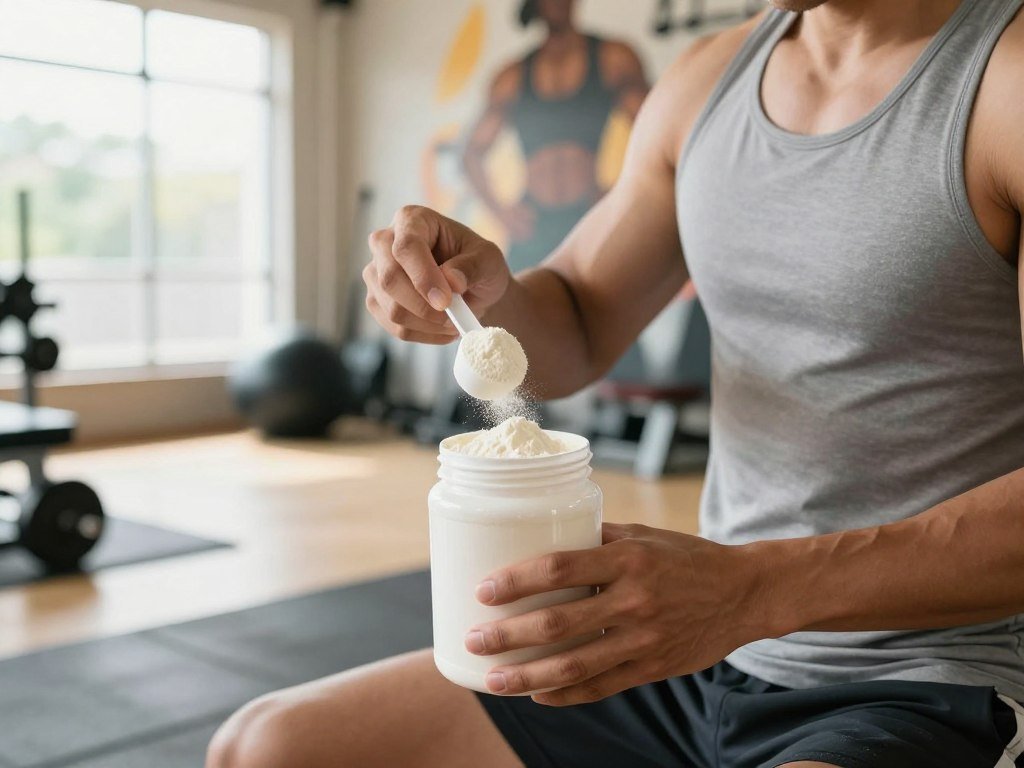 Athlete measuring a creatine-containing pre-workout serving
