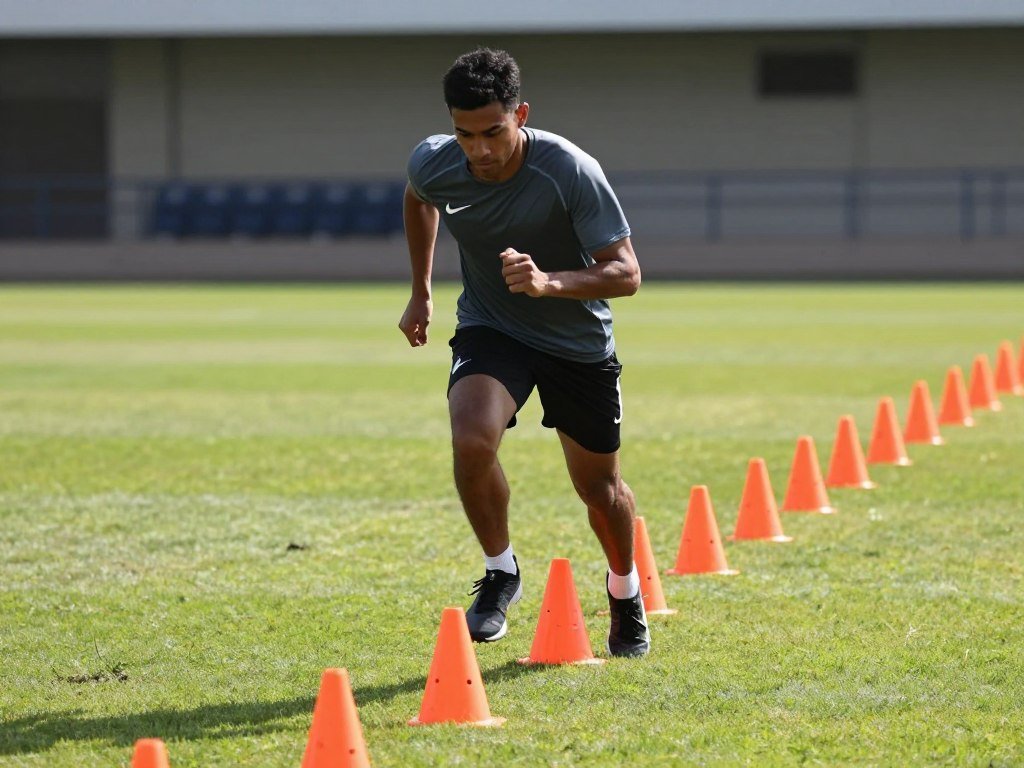 Athlete moving between cones during agility footwork practice Athlete moving between cones during agility footwork practice