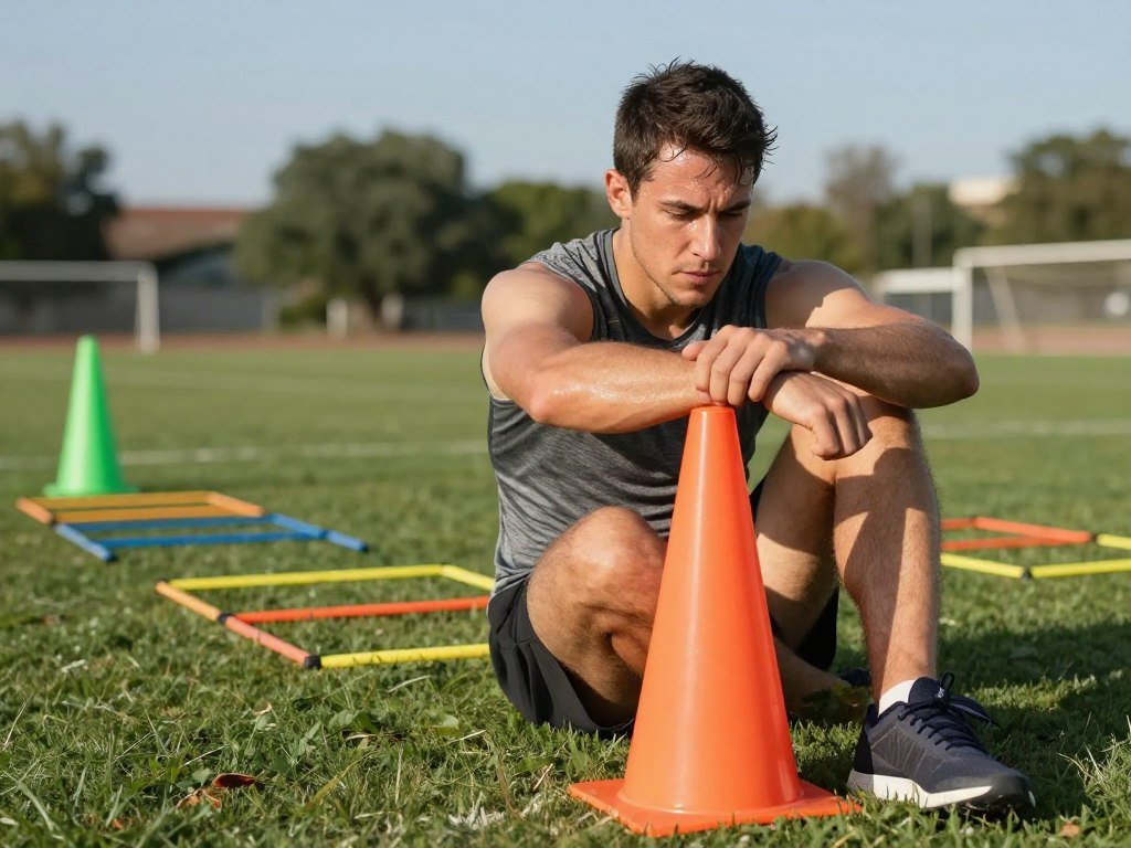 Athlete resting beside cones between agility training sessions Athlete resting beside cones between agility training sessions