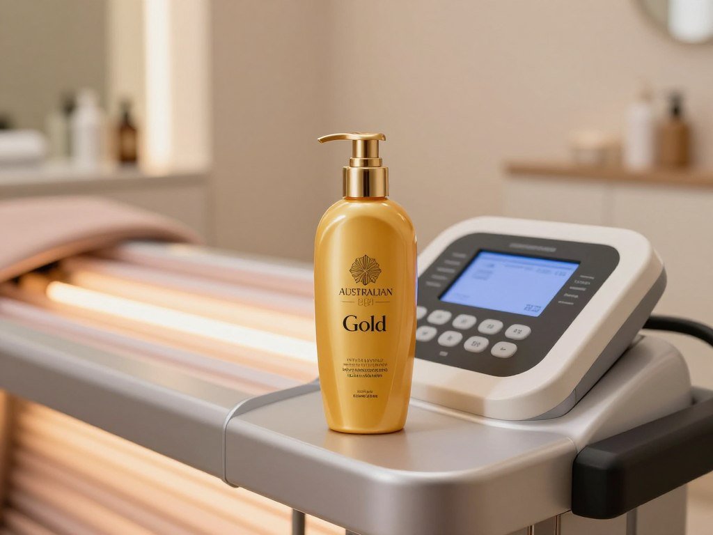 Australian Gold lotion beside a tanning bed control panel Australian Gold lotion beside a tanning bed control panel