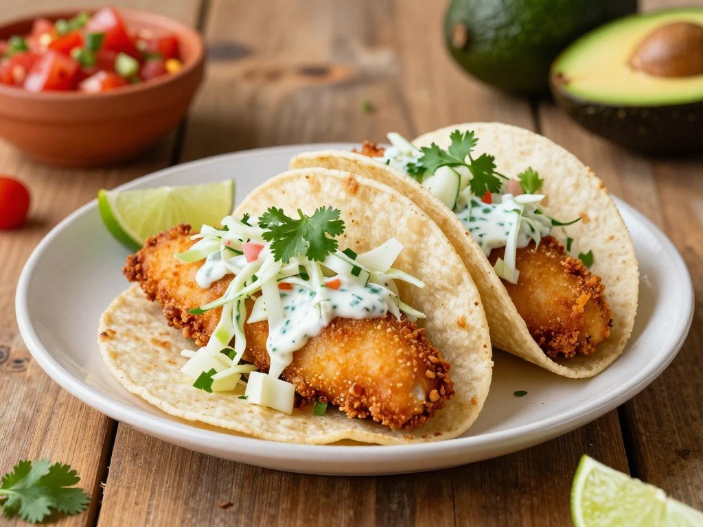 Baja-style fish tacos with cabbage crema salsa and lime